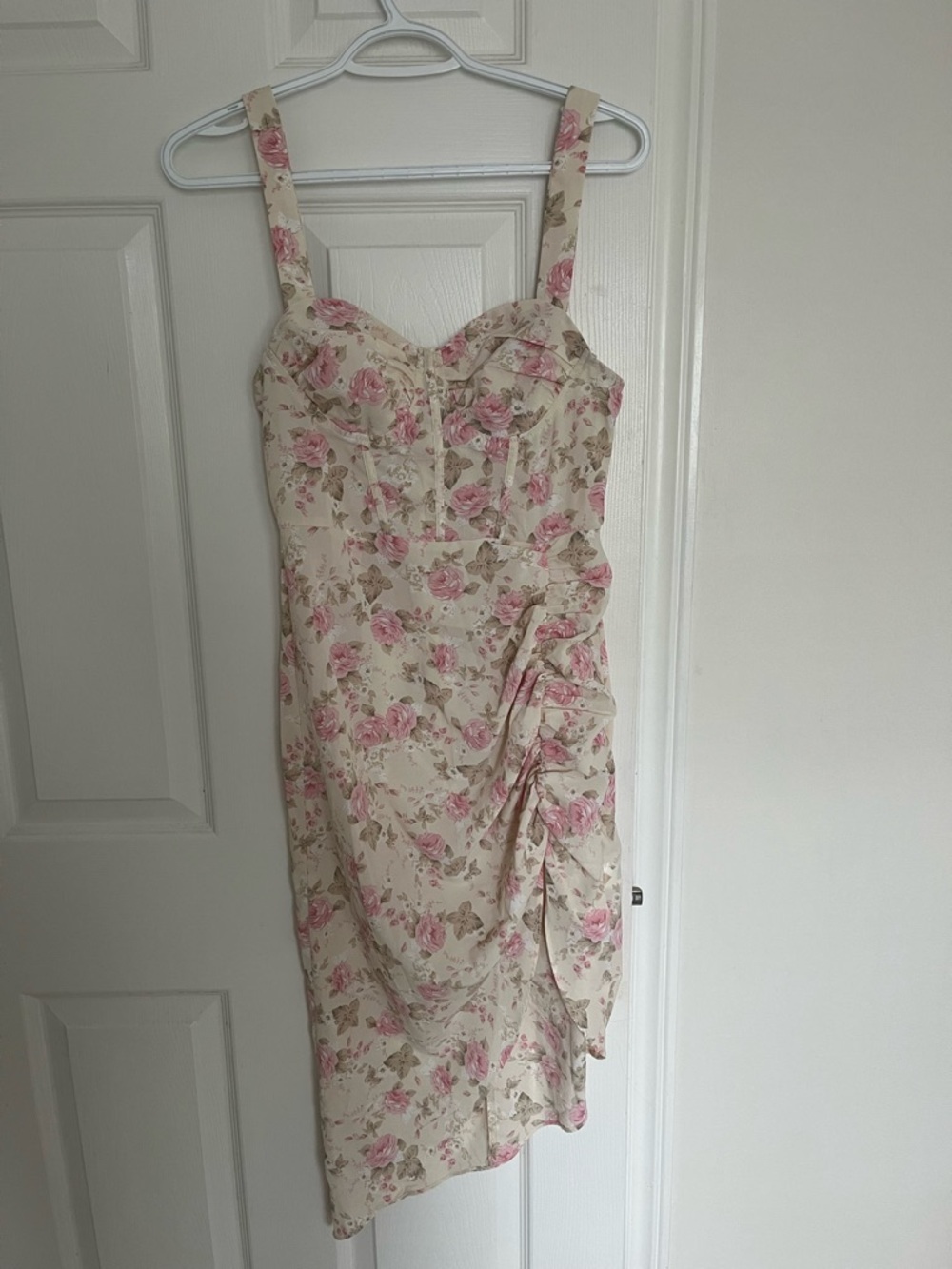 SHEIN Cream Floral Asymmetrical Midi Dress with Pink Roses